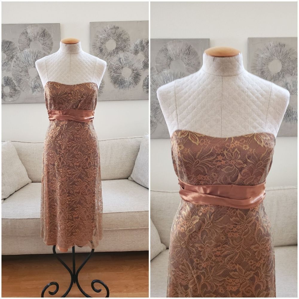 ✨BARI JAY ✨ Vintage Gold Lace Strapless A-line Dress - [Size Medium]